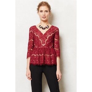 Anthropologie Maeve Lace Peplum Top Burgundy Small
